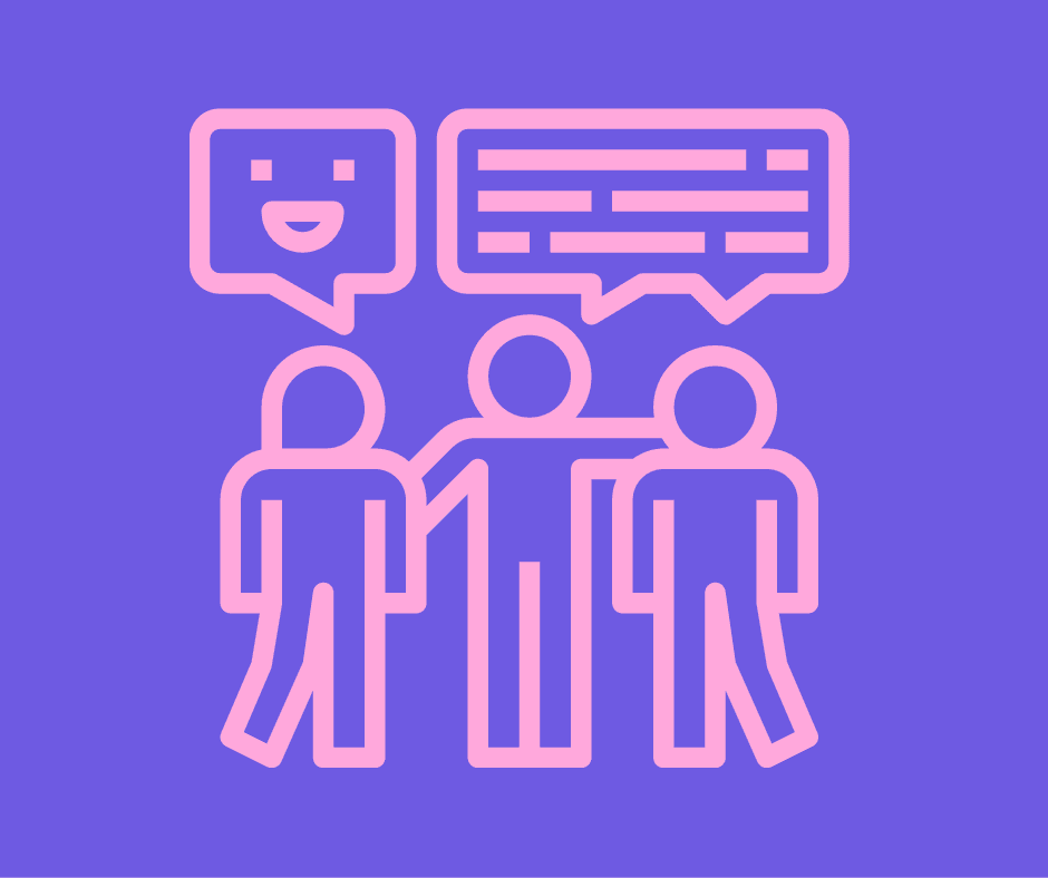 Tegning av tre personer med snakkebobler