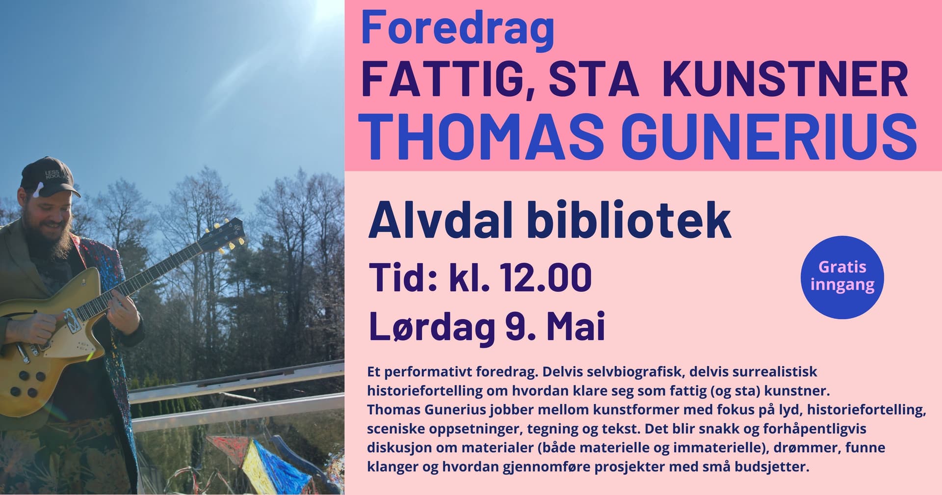 Fotografi av en blid mann som spiller gitar utendørs