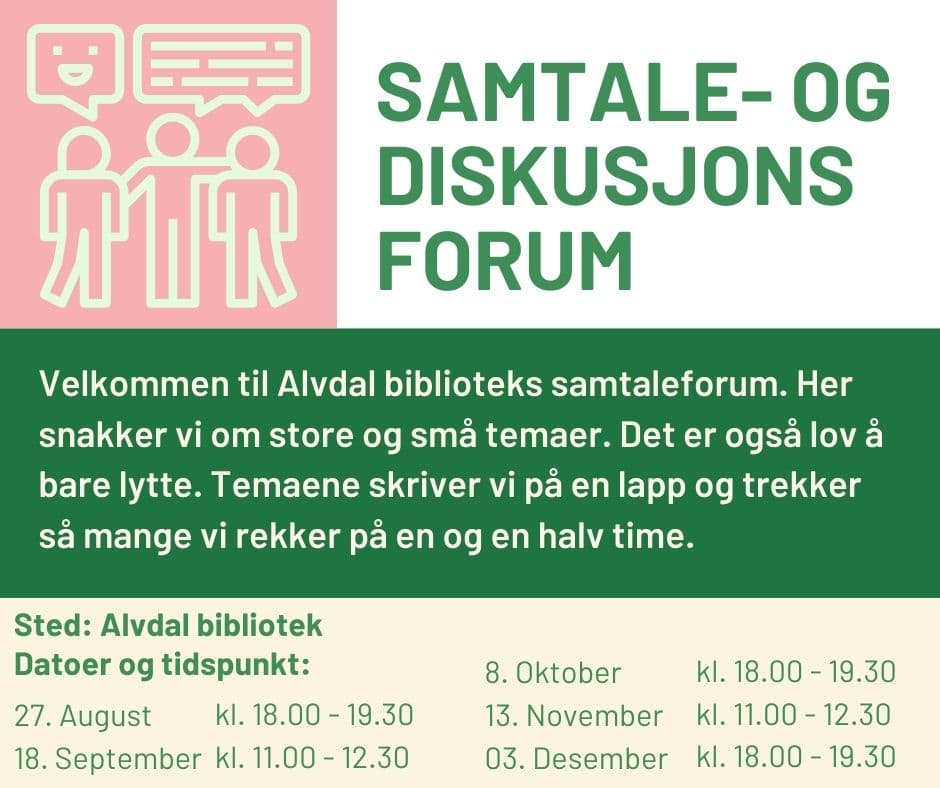 Plakat med illustrasjon av tre strekmennesker som snakker sammen