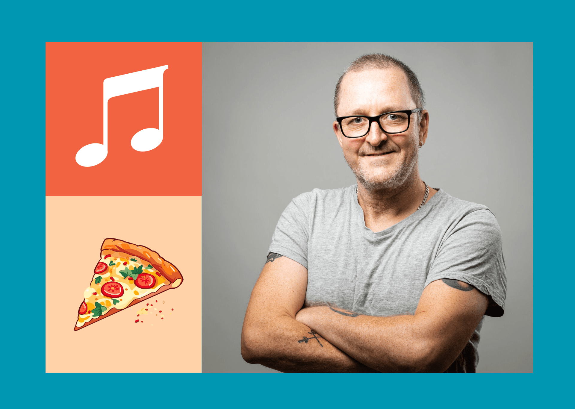 Portrett av Guttorm Andreasen - illustrasjon av et pizzastykke og en musikknote